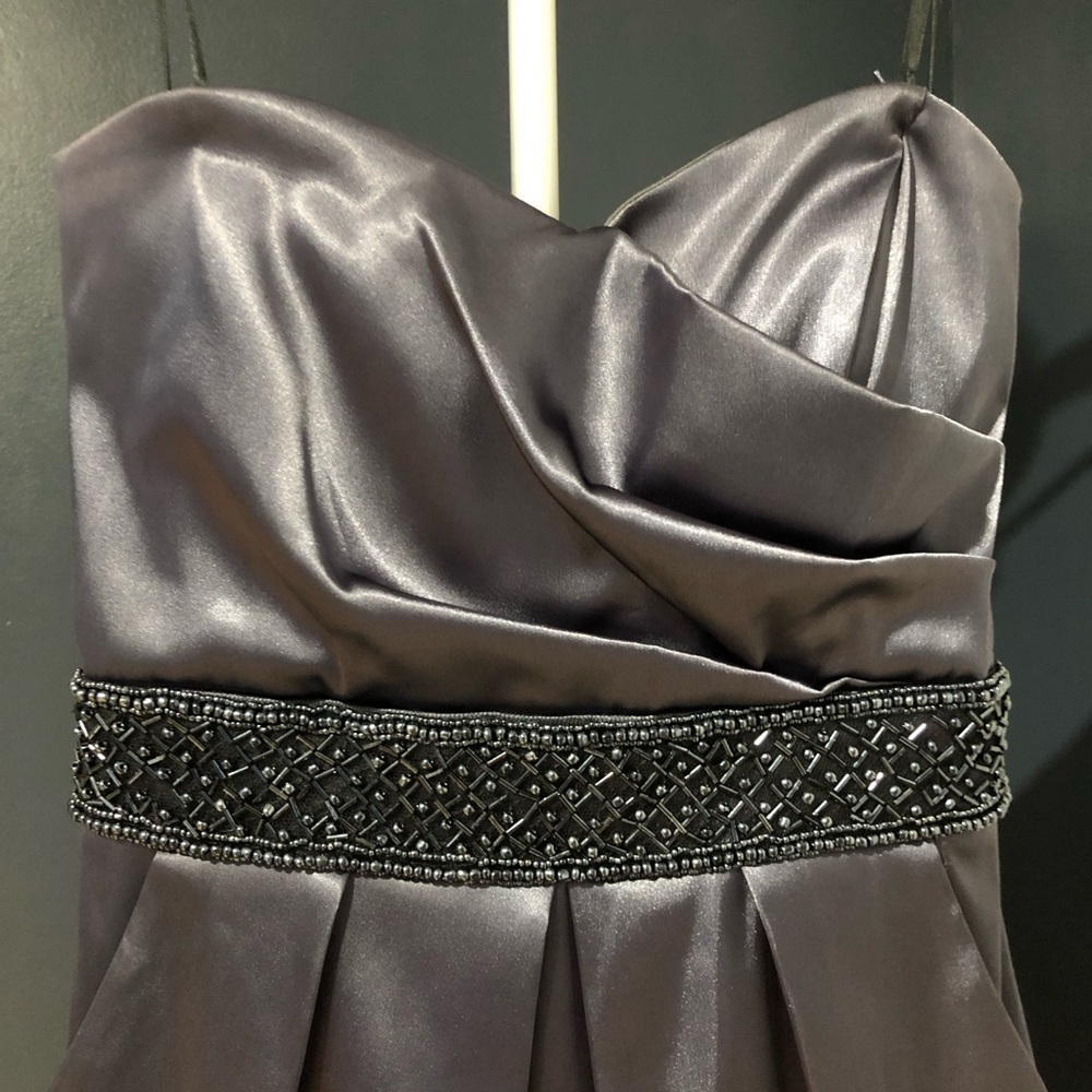 Elegant Gray Satin Dress with Beaded Waist